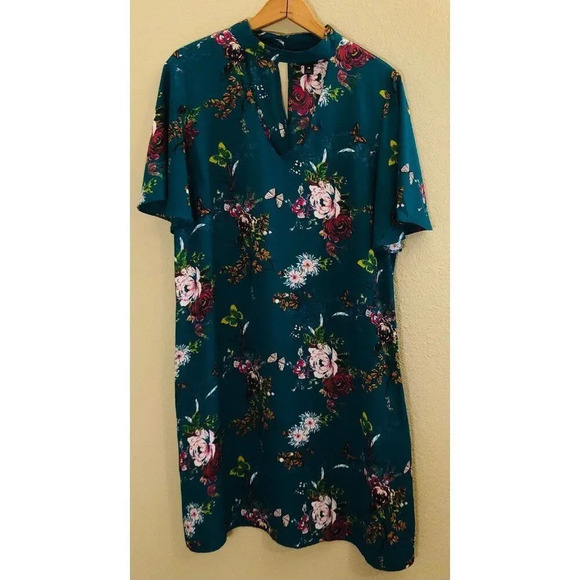 Worthington Large Sheer Tunic Dress V Neck Kelly Green Floral Print Garden Core - Picture 1 of 9